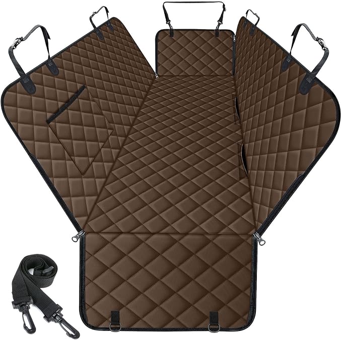 Waterproof Dog Car Seat Cover for Back Seat, Pet Hammock- L, Coffee/Black | Durable waterproof hammock with nonslip design & storage pockets. Protects seats from scratches, fits cars, SUVs & trucks.