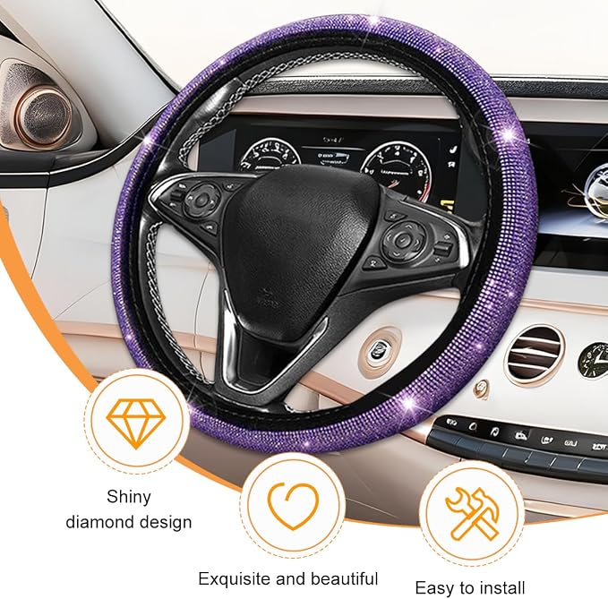11PCS/Set Bling Car Accessories Set for Women, Rhinestone Vehicle Steering Wheel Cover Seat Belt Cushion Gear Shift Protector Cup Holder Coaster, Universal Automotive Accessories (Purple)