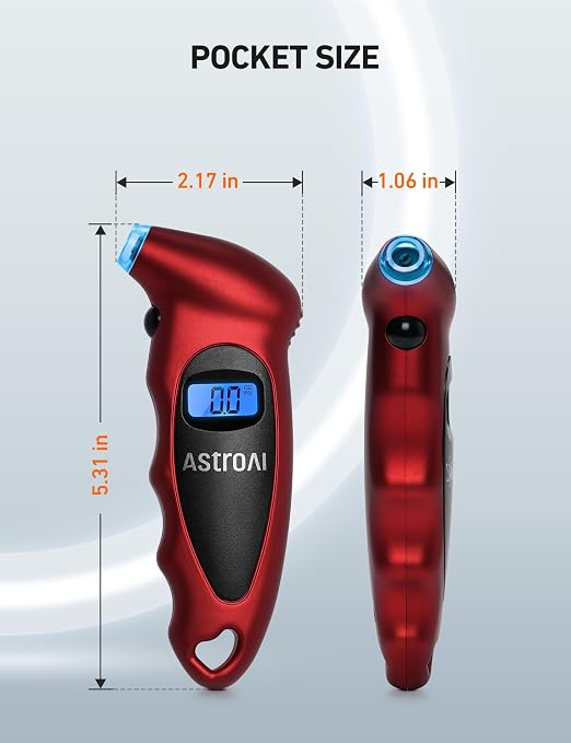 Digital Tire Pressure Gauge 0-150PSI Calibrated to ANSI B40.7 +/-1PSI, Accurate in 0.1 Increments, Tire Repair Tools 4 Pressure Measurements for Car Truck with Backlight LCD, Red