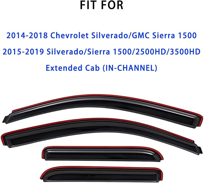 Rain Guards for 14-18 Chevy Silverado/GMC Sierra 1500 Extended Cab | In Channel Window Visors for Chevrolet Silverado/GMC Sierra 2500HD/3500HD Extended Cab,4Pcs Side Window Wind Deflectors