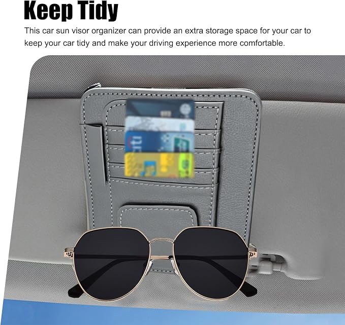 Car Sun Visor Organizer, Multi-Pocket Leather Auto Visor Storage Bag with Clip-on Design, Car Interior Organizer for Cards, License, Sunglasses and Pens, Universal for Most Cars (Gray)