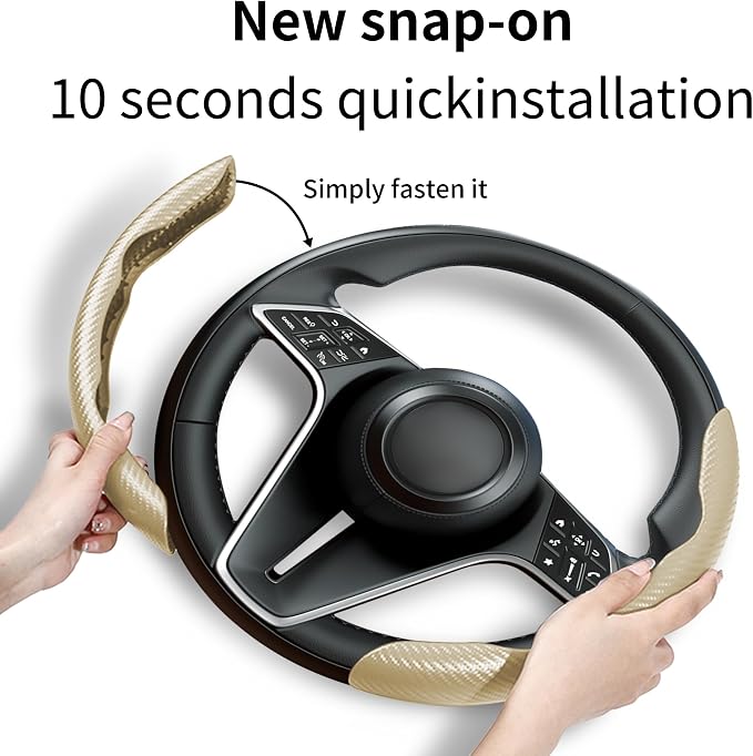 2Pc Carbon Fiber Steering Wheel Cover Universal Fit 99% Cars | Non-slip soft grip, easy to wipe clean, quick to install, perfect for daily commutes and road trips, Beige