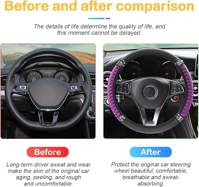 Bling Car Steering Wheel Cover, 15 Inch Rhinestones Soft Leather Elastic Steering Wheel Protector, Sparkly Crystal Diamond for Women Girls, Car Interior Accessories for Most Cars (Purple)