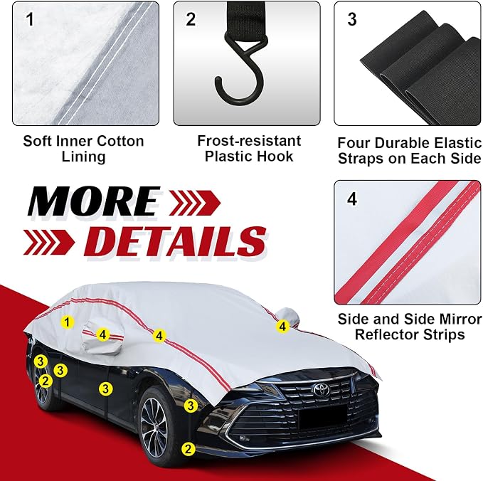 Half Car Cover Top, Windshield & Sunroof Cover for Ice and Snow with Cotton Liner, Hail Protector Car Cover Waterproof All Weather for Snow, Sun, Rain, Dust, Fit Sedan Universal