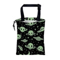 Car Trash Bag Abstract Green Aliens and UFO Leak-Proof Car Garbage Bag with Drawstring Foldable Canvas Trash Bin with Adjustable Buckle for Car Accessories
