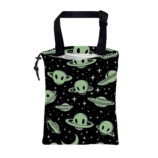 Car Trash Bag Abstract Green Aliens and UFO Leak-Proof Car Garbage Bag with Drawstring Foldable Canvas Trash Bin with Adjustable Buckle for Car Accessories