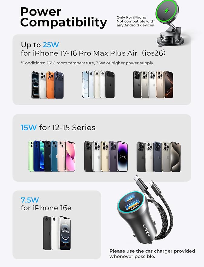 Qi2.2 25W MagSafe Car Mount Charger, Magnetic Wireless Car Charger with 54W Adapter, Magnetic Phone Holder for Car, iPhone Car Mount, Vacuum Suction Cup Phone Mount for iPhone 17 16 15 14 13 12 | [Qi2.2 25W Fast Charging] Magsafe Car Mount, [Easy...