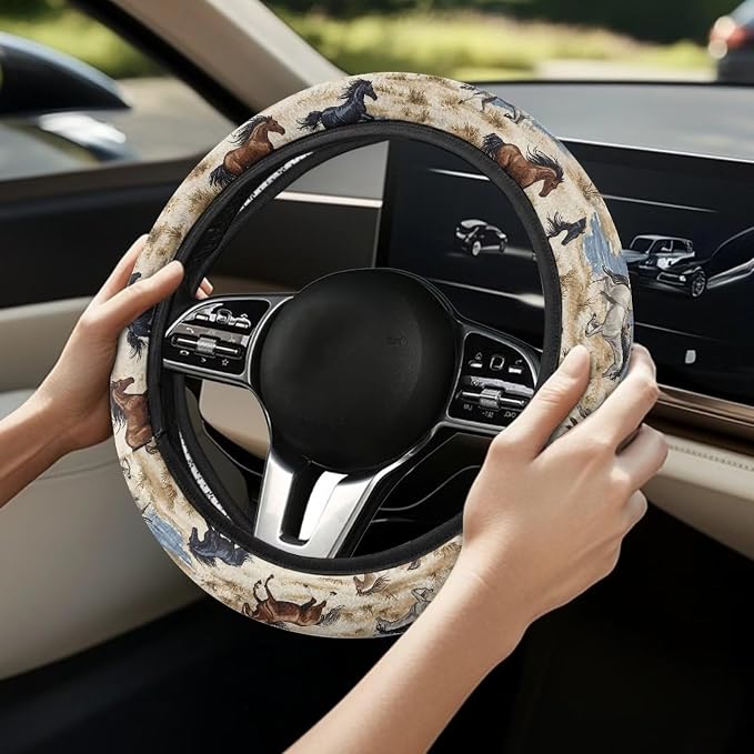 Car Steering Wheel Covers White Sweat Absorption Comfort Grip, Horse Painting Universal 14-15 inch Stretch-on Fabric Keep Warm Steering Wheel Protector for Women