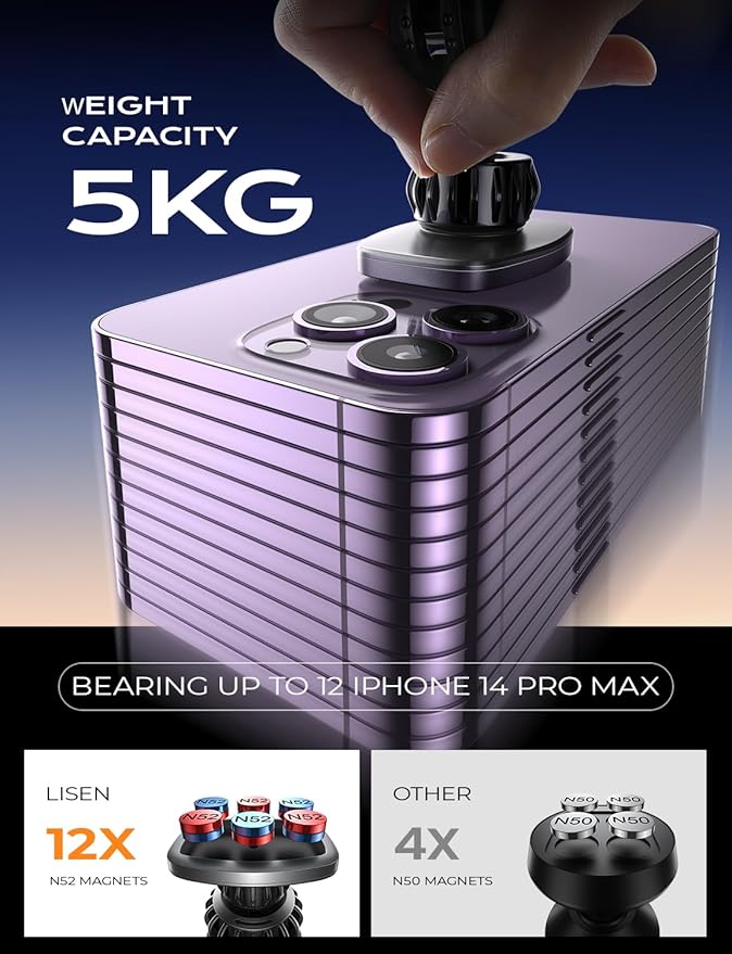 Magnetic Car Phone Mount for iPhone and Android with 6 Magnets and Adjustable Arch Design, Black