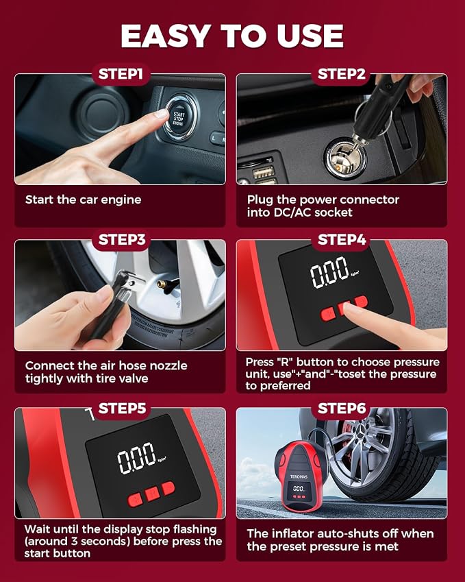 Tire Inflator Portable Air Compressor, Air Pump DC/AC for Car Tires 12V DC and Other Inflatables at Home 110V AC, Digital Electric Tire Pump with Pressure Gauge(Red)