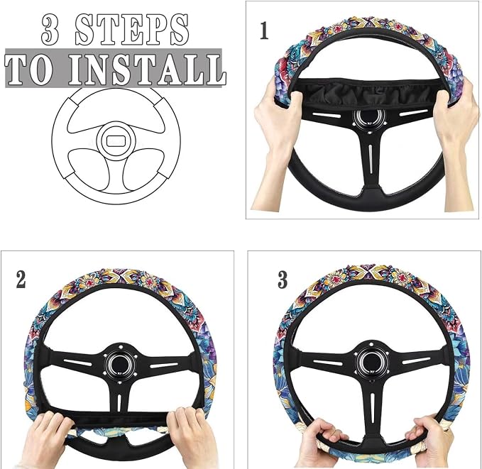 Car Steering Wheel Covers for Womens Boho Flower Steering Wheel Cover Soft Anti-Slip Rubber Stretch-on Steering Wheel Protector Cover Sweat Auto Accessories Interior Decor