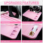 4 in 1 Car Steering Wheel Desk for Laptop,Versatile Upgraded Car Seat Tray,Spacious Steering Wheel Table with Tablet Holder and Dual Sauce Racks,Steering Wheel Under Table Console (Large+Pink)