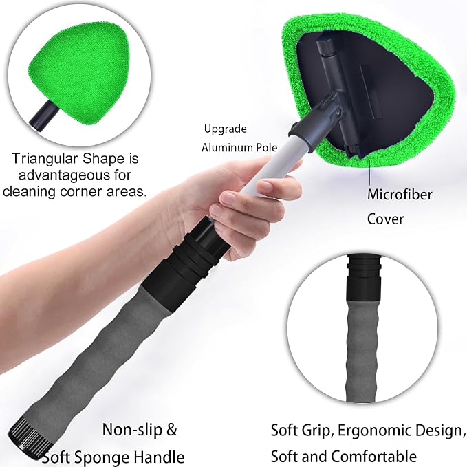 Windshield Cleaning Tool, Car Window Cleaner Windshield Cleaner with 4 Reusable and Washable Microfiber Pads and Extendable Handle Auto Inside Glass Wiper Kit (Green)
