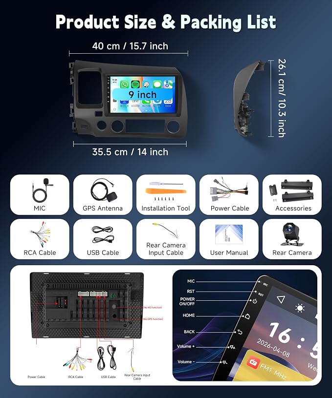 9 Inch Double Din Car Stereo for Honda Civic 2006 2007 2008 2009 2010 2011 | Car radio with Wireless Carplay & Android Auto, Bluetooth,SWC,FM/RDS Radio, EQ, Dual USB, Mirror Link+Backup Camera