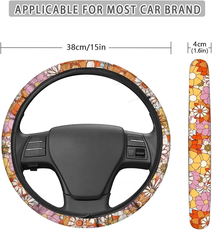 Retro Hippie Flower Pattern Universal Steering Wheel Cover Sweat Absorption Car Wheel Cover Polyester Cover with Anti-Slip Lining Car Decoration Fit Most Van Truck Car SUV