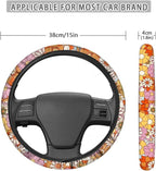 Retro Hippie Flower Pattern Universal Steering Wheel Cover Sweat Absorption Car Wheel Cover Polyester Cover with Anti-Slip Lining Car Decoration Fit Most Van Truck Car SUV