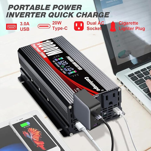 1000W Car Power Inverter DC 12V to 110V/120V AC Converter with LCD Display 2 AC Outlets, 3.0A USB and Type-C Car Inverter for RV Camping Laptop Truck Vehicle