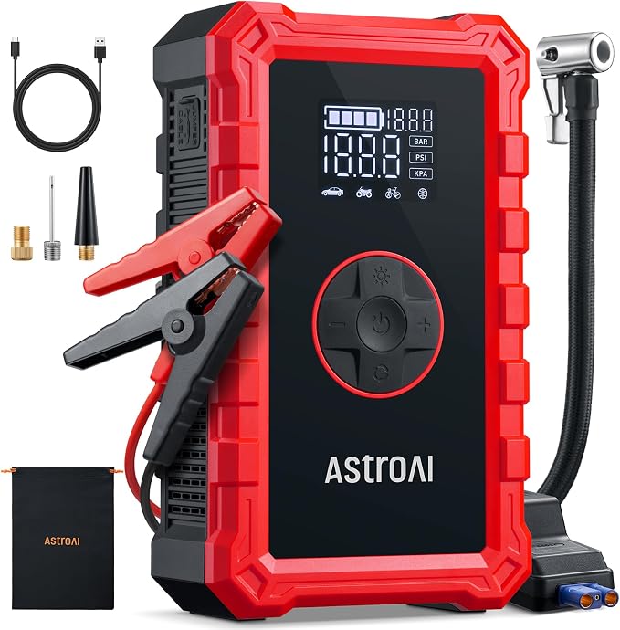 S8 Air Jump Starter with Air Compressor,3000A Peak Car Battery Jump Starter Portable (9.0 Gas/6.5L Diesel) with 150PSI Cordless Auto-Shutoff Tire Inflator, 12V Battery Charger Booster(Red)
