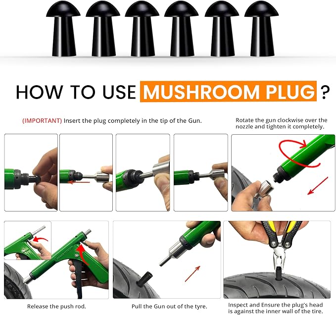 Tubeless Tire Gun Puncture Repair Kit with Mushroom Plug for Tyre Punctures and Flats on Cars, Motorcycles, ATV, Trucks & Tractors (Gun Puncture kit 15 Plugs, Green)