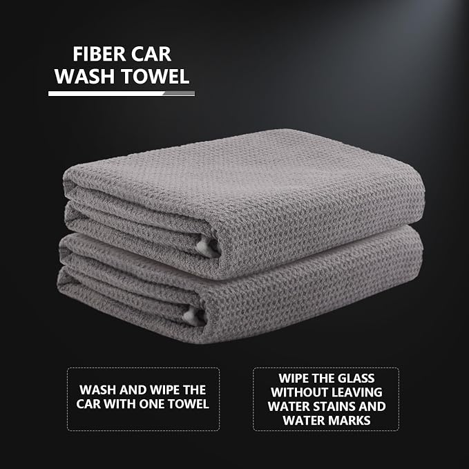 Microfiber Drying Towel, 2 PCs Car Wash Drying Towel, Waffle-Weave Highly Absorbent, Scratch Free,Big Cleaning Cloth Towel for Auto Detailing, 380GSM, 25.2 x 34.3 inch, Grey-MT033