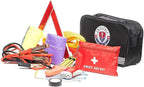 Roadside Car Emergency Kit - First Aid Set, Jumper Cables, Tow Strap, LED Flash Light, Rain Coat, Tire Pressure Gauge, Safety Vest and More (Black)
