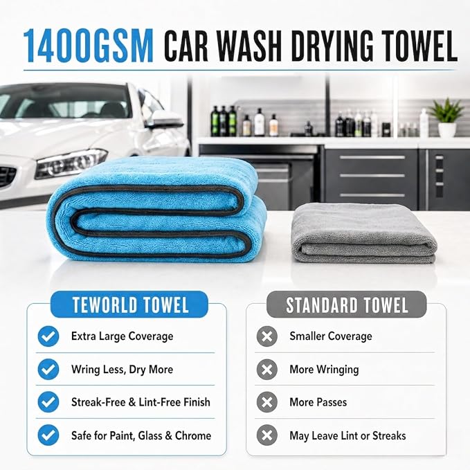 Car Drying Towel, Extra Large 48 x 24 Inch, 1400 GSM, Dual-Color | Twisted Loop Microfiber Towel for Cars - Absorbent Car Dry Towel and Car Wash Towel for Streak-Free, Paint-Safe Car Detailing