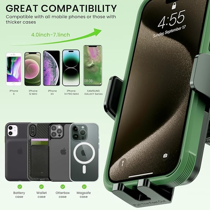 Universal Car Phone Mount Holder - [Military-Grade Suction Cup & Secure Clip] 3-in-1 Windshield, Dashboard, Air Vent Car Phone Mount Compatible with All iPhone & Smartphones