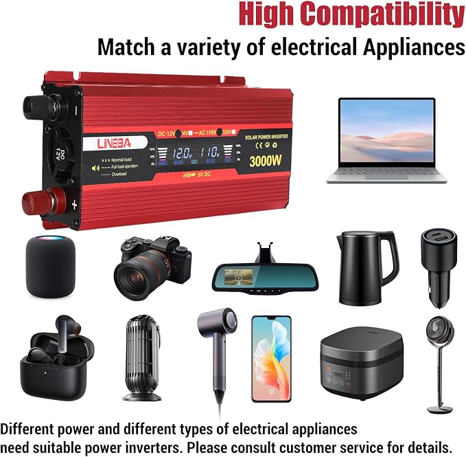 3000 Watt Power Inverter with LED Display,Dual AC Outlets,USB Port, 12V DC to 110V AC Converter Car Power Inverter for Vehicles, Car, RV, Truck, Off Grid Solar System, Outdoor Camping