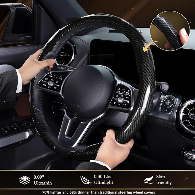 Car Steering Wheel Cover Carbon Fiber, Ultra-Thin Car Steering Wheel Cover,Comfortable & Breathable Microfiber,Universal Fit for Most Cars, Bright Black