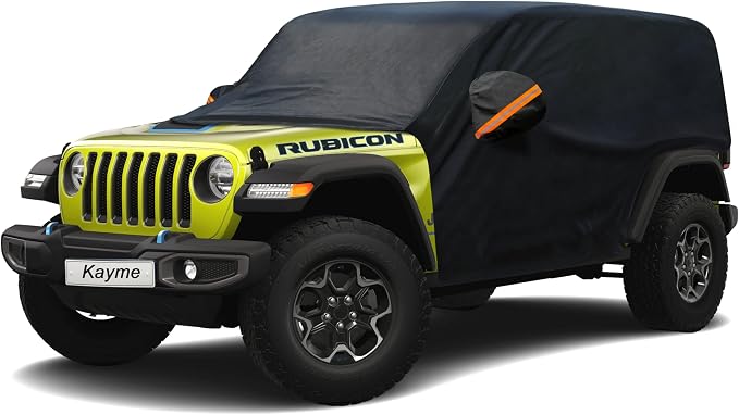Half Car Cover Custom Fit for Jeep Wrangler 4 Dr/Unlimited 4 Door JK JL, Windshield Cover for Ice and Snow Top with Reflective Straps, Roof Cover Waterproof All Weather Dust, Sun Protection.