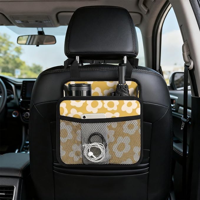 Car Backseat Organizer - Cute Aesthetic Car Storage Bin with Mesh Pocket & Reinforced Base - Universal Fit Hanging Seat Back Accessories for Women (Yellow)