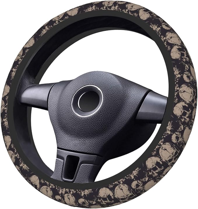 Elastic Skulls Halloween Car Steering Wheel Cover Protector Thicken,Grunge Spooky Horror Black,Anti Slip Stretchy Soft Car Accessories for Diverse Cars Truck SUV for Men Women Universal 15 Inch