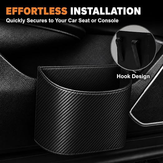 Leather Car Trash Can – Leakproof & Easy-to-Clean Car Garbage Can for Luxury Cars, SUVs & Trucks | Includes 60 Custom Liners, Secure Hook, Easy Install, Carbon Fiber