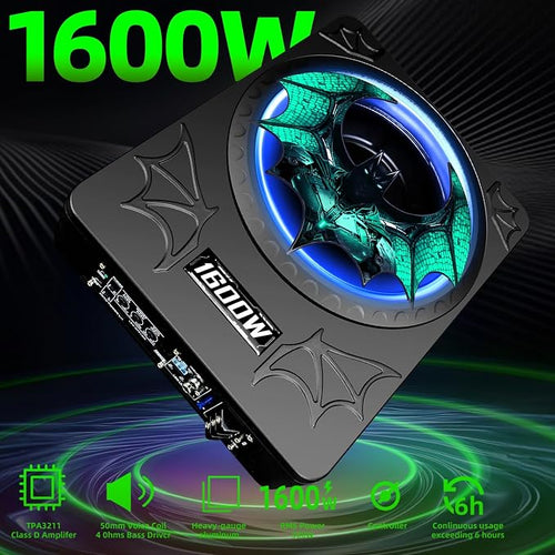 1600W Car Subwoofer, 10" Ultra-Thin Powered Under-Seat Subs with Built-in Amplifier, (LPF/Gain/Bass Boost) LED Ambient Lights, Independent Bass Knob, Distortion-Free Deep Bass for Most Vehicles