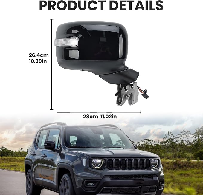 Right Passenger Side Mirror Compatible with Jeep Renegade 2015 2016 2017 2018 2019 2020 2021 2022 Door Mirrors Power Heated with Turn Signal Indicator Temperature Sensor Bright Black (7+2 pins)