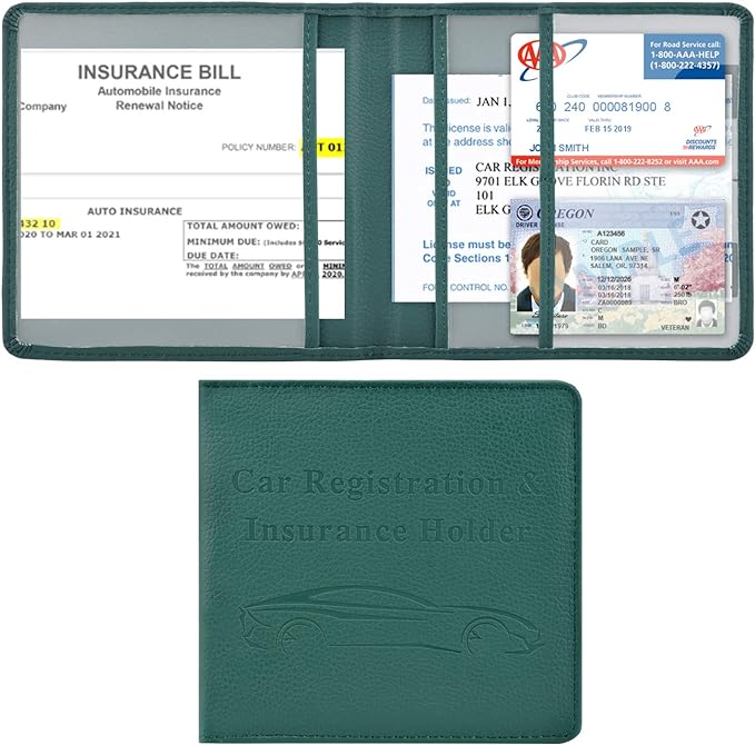 Car Registration and Insurance Holder, Vehicle Glove Box Car Organizer Men Women Wallet Accessories Case for Cards, Essential Document, Driver License, Dark Green