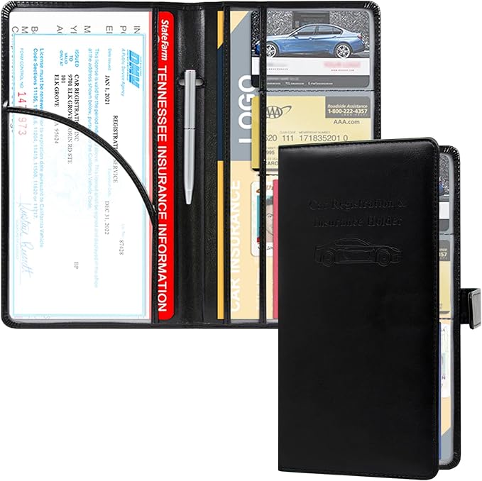 Car Registration and Insurance Holder, Leather Car Glove Box Organizer, Cool Car Accessories for ID, Driver's License Cards & Essential Document, Men&Women, Black