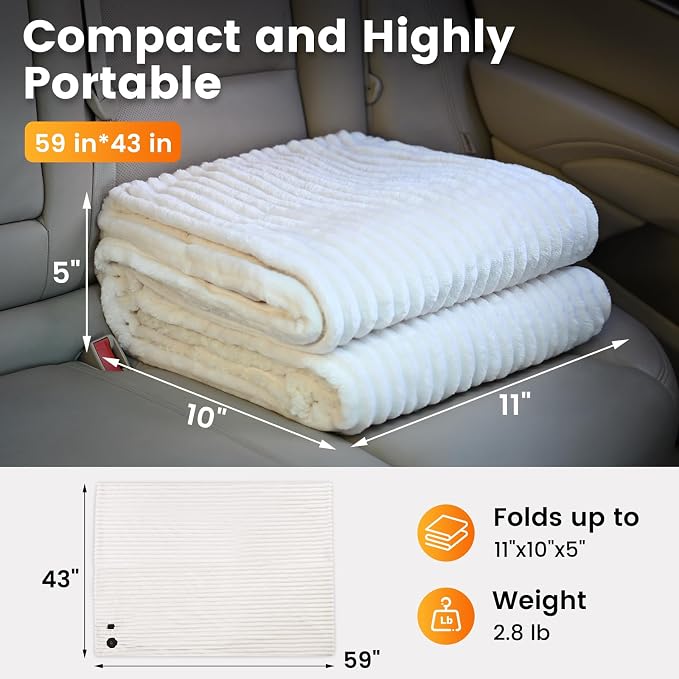 12V Electric Throw Blanket for Car – Soft Faux Fur & Cozy Sherpa with 2 Output USB Ports (1A +1 C) 4 Heating Levels & 4 Hours Auto Off, Machine Washable, 59" X 43", Beige