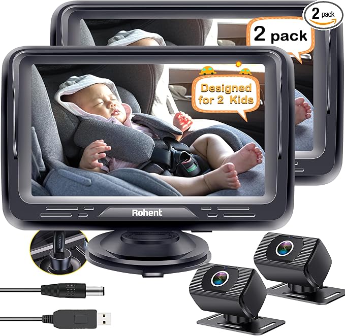 Baby Camera for Car 2 Pack - Dual HD 1080P Monitors with Night Vision, Adjustable Angles, Glare-Free Display, Easy Installation for Two Vehicles, Ideal for Road Trips