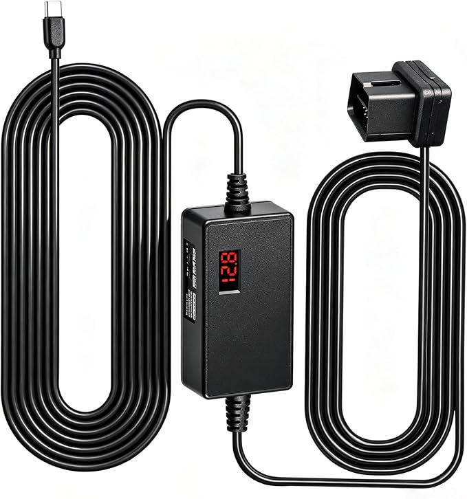 Dash Cam OBD Hardwire Kit Power Cable Type USB C Port | 10.5FT 12V-24V To 5V,for Dash Camera Three-Level Low Voltage Protection for Car Drivers Vehicle Dash Cam Power Cable - Black