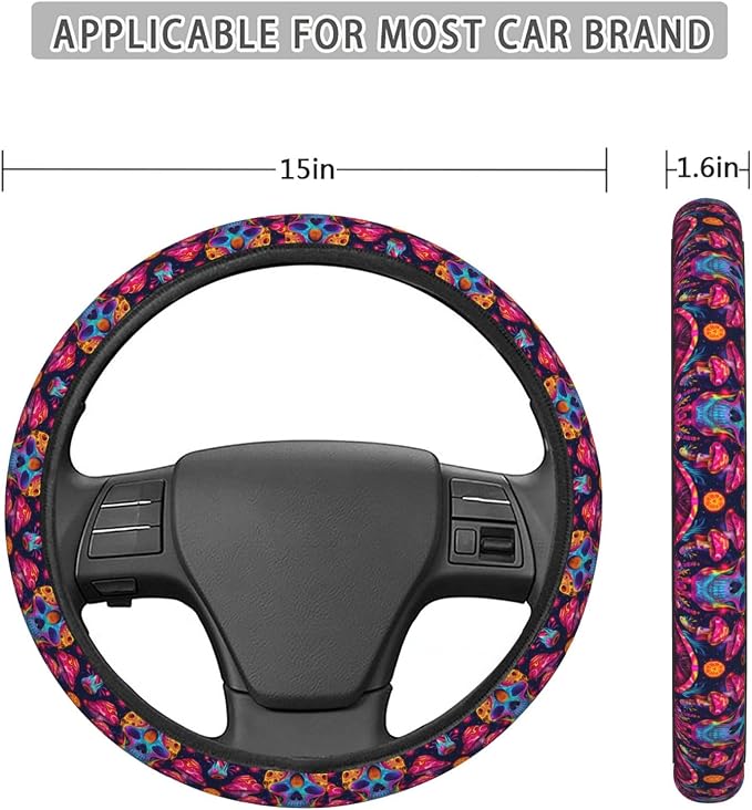Neon Magic Mushrooms Skull Steering Wheel Covers Anti-Slip Elasticity Car Accessories Steering Wheel Protector Universal 15 Inch for Cars SUV Vehicle Truck