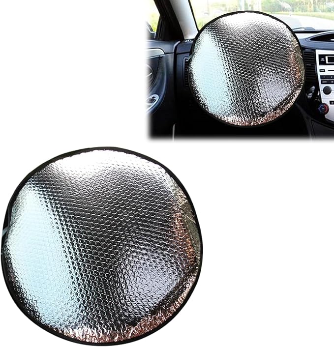 1 PC Car Steering Wheel Sunshade, Polyester Cloth-Wrapped Steering Wheel All-Inclusive Reflective Sun Protection Heat Shield, Decorative Accessories, Suitable for Cars, Trucks, SUVs (Silver)