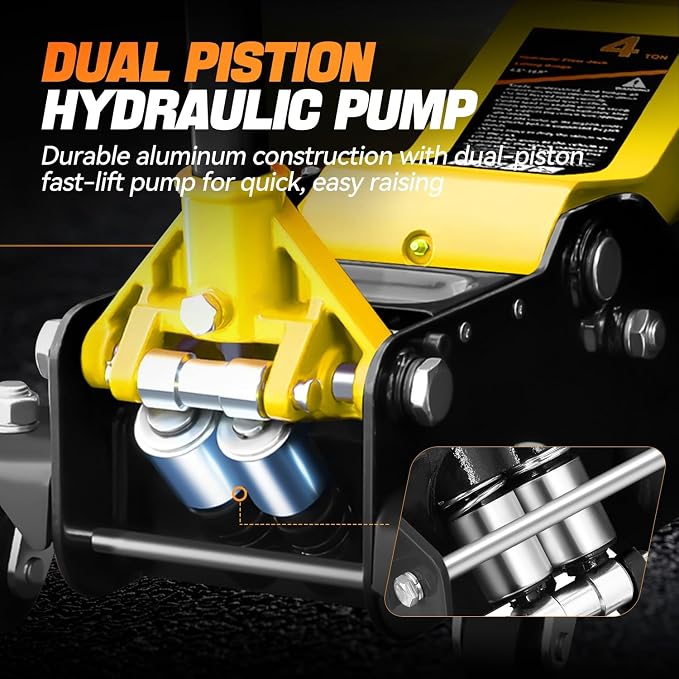 4 Ton Low Profile Floor Jack, Heavy Duty Steel Hydraulic Car Jack with Dual Pistons Quick Lift Pump, Hydraulic Racing Floor Jack, Lifting Range 4.5" to 20", Yellow