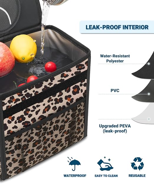 Car Trash Can with Lid, Leakproof Car Trash Bag Hanging Waterproof Automotive Garbage Can with Storage Pockets Mini Vehicle Trash Bin for Back/Front Seat(Leopard,3 Gallon)
