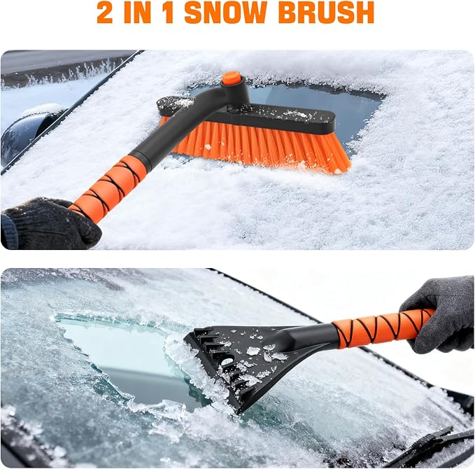 Snow Brush and Ice Scrapers for Car Windshield, Detachable Snow Remover for Cars EVA Foam Grip and Rotatable Brush Head Snow Scraper for Car Trucks SUV, Winter Cars Accessories (Orange)
