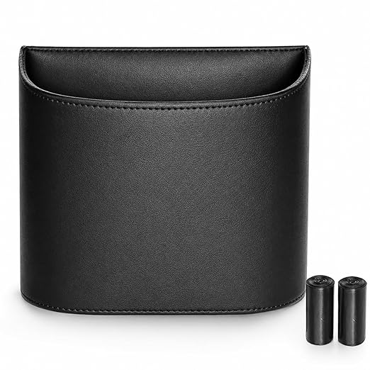 Leather Car Trash Can – Leakproof & Easy-to-Clean Car Garbage Can for Luxury Cars, SUVs & Trucks | Includes 60 Custom Liners, Secure Hook, Easy Install, Black