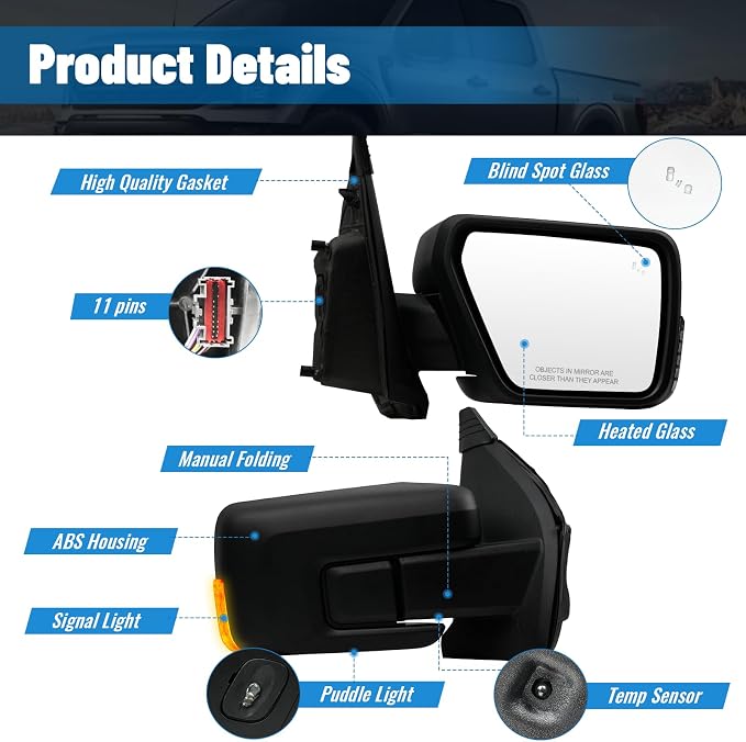 Passenger Side Mirror for Ford F150 2021 2022 2023 2024, Right RH Heated Mirror Assembly with Blind Spot Detection, Turn Signal Light and Puddle Light - OEM Style
