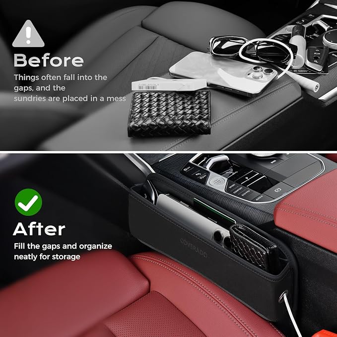 Coverado Universal Car Seat Gap Filler Organizer, Premium Suede Leather Car Seat Side Gap Filler, Seat Gap Storage Box for SUV Truck, Car Interior Accessories, Black-1pc