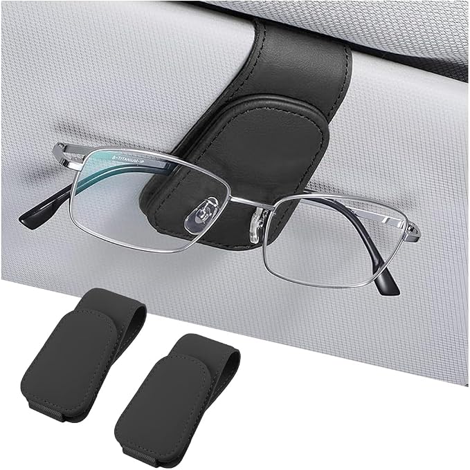 Sunglasses Holders for Car Sun Visor, Leather Eyeglasses Hanger Mounter, Magnetic Glasses Holder and Ticket Card Clip, Auto Interior Accessories Universal for SUV Pickup Truck