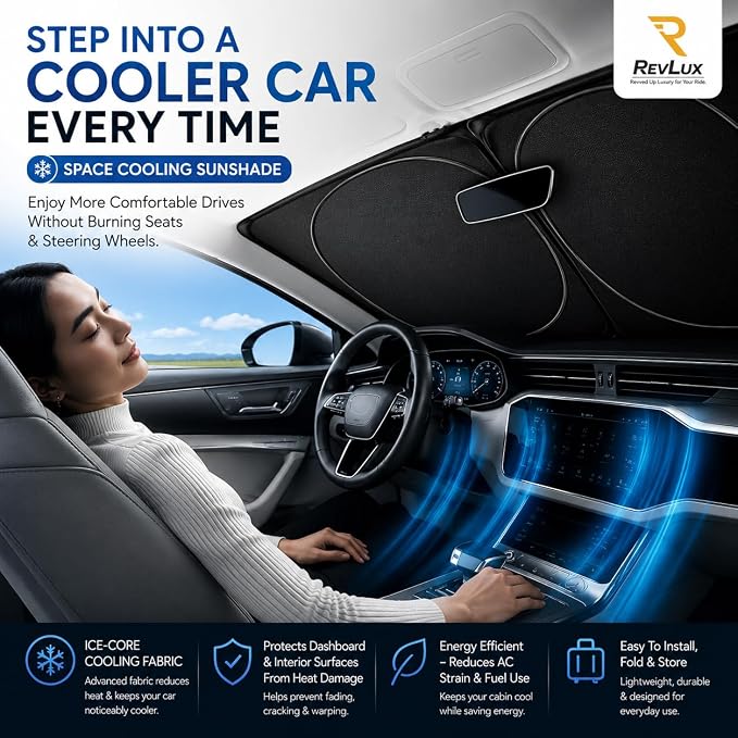 [2026 Upgrade] RevLux Car Windshield Sun Shade | Keeps Car Cool, Sun & Heat Protection | Double Thickened Ice-Core Cooling Fabric | Zero Light Leakage | Foldable Sunshade (Compact - 51"x31")